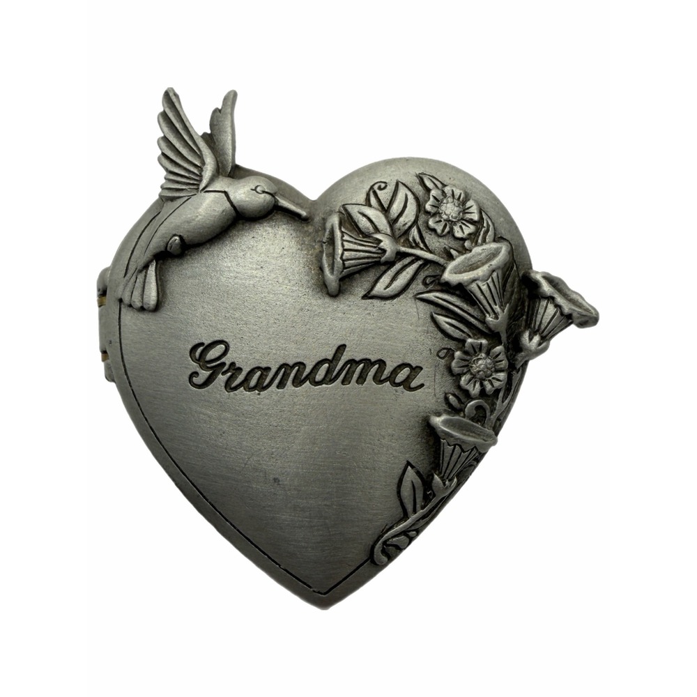 JJ Jonette Jewelry Vintage Grandma Heart Locket Brooch Hummingbird Pewter Tone